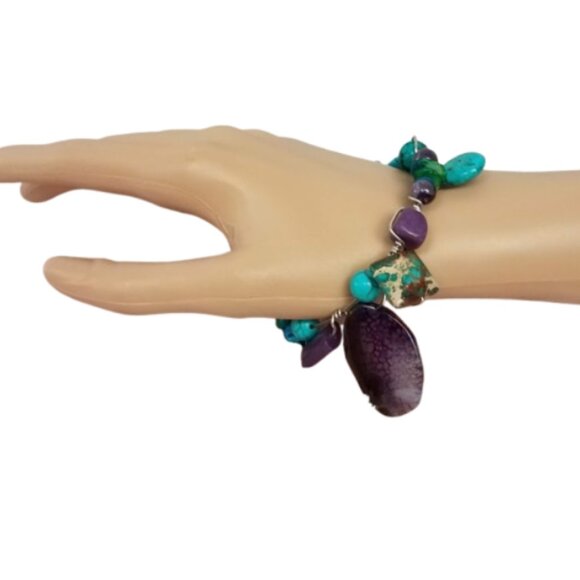Hand-Crafted Wire Wrapped Purple & Turquoise Gemstone Bangle Cross Bracelet - Picture 7 of 10